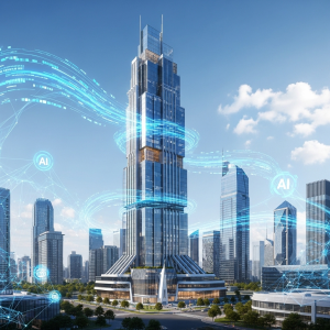 Gedung modern dengan teknologi AI dan konsep smart building